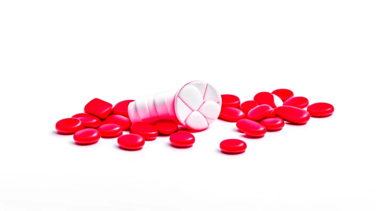 a bubble pack of red pills, a torn red ribbon, on a white background