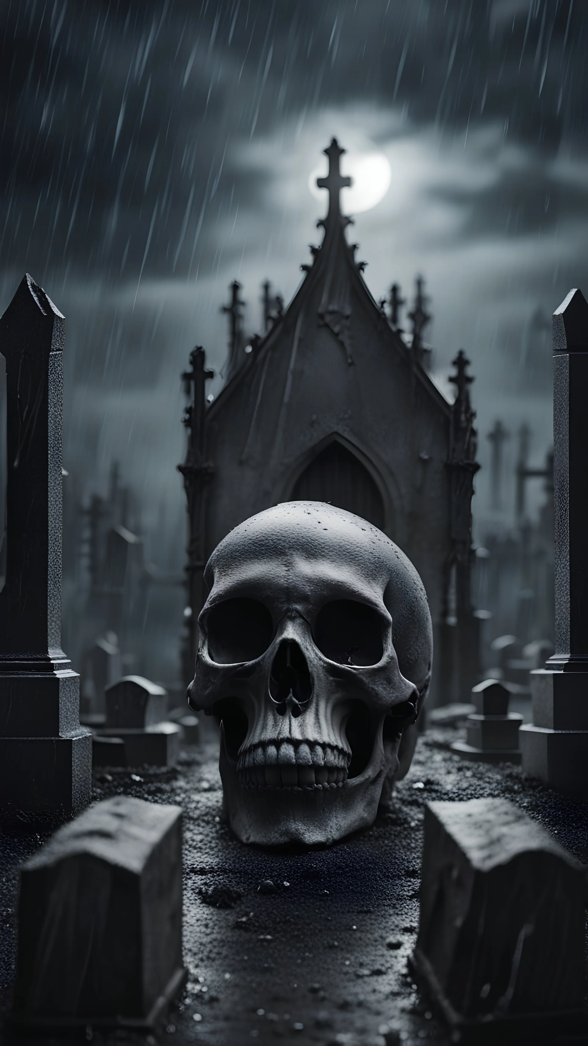 In the center on a dark black background lies a skull against the backdrop of a gothic cemetery at night, rain, creepy frightening atmosphere, horror style, detail, gray tones