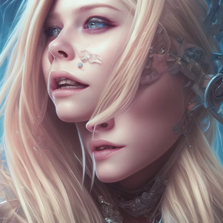 close up portrait painting of Avril lavigne, ultra realistic, concept art, intricate details, serious, highly detailed, photorealistic, octane render, 8 k, unreal engine. art by artgerm and greg rutkowski and alphonse mucha