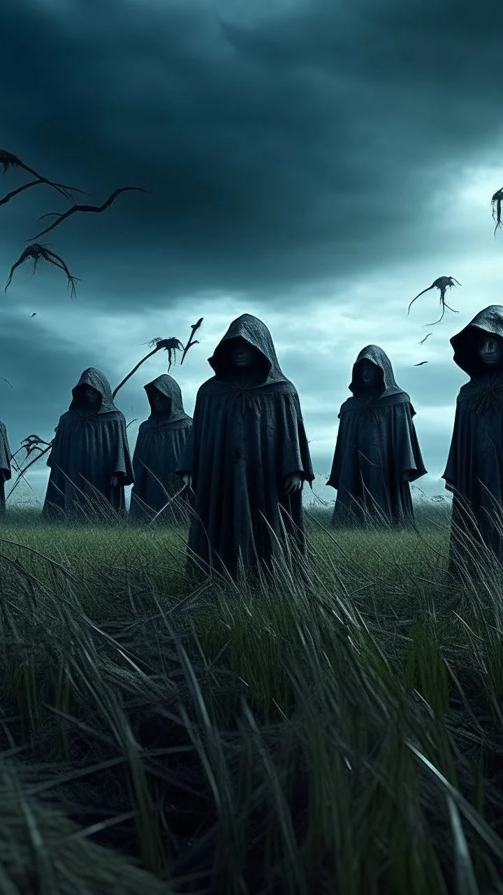 A group of scary large black hooded evils figures with glowing white eyes looking at you in the background and out of this world galaxy in a blue and gray cloud of stormy weather a many sticks fixed ultra hi quality picture with cinematic science, tragedy, a small black birds far in hovering in the horizon in the big field of grass near front view