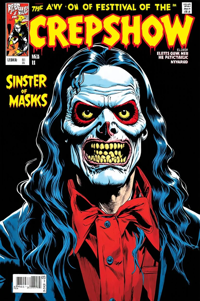 Cover of text "CREEPSHOW" Magazine, "Sinister Festival of Masks" story, Eldritch, sharp colors, high contrast, vintage horror, by Bill Elder, by John Buscema, ultra detailed, retro pulp magazine cover, ink illustration, dramatic, visceral style, creepy, weird, lovecraftian, "CREEPSHOW"