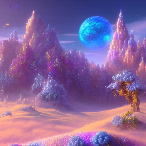 blue gold and violet landscape with multicolored crystals falling from the sky, full of details, smooth, bright sunshine，soft light atmosphere, light effect，vaporwave colorful, concept art, smooth, extremely sharp detail, finely tuned detail, ultra high definition, 8 k, unreal engine 5, ultra sharp focus