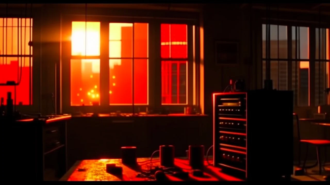 4K, ultra detail, ombres lumieres et reflets maximum, full realism. Light maximum. Terminator fighting with the devil on a radio station. A nuclear explosion can be seen outside the window. Fire in the room