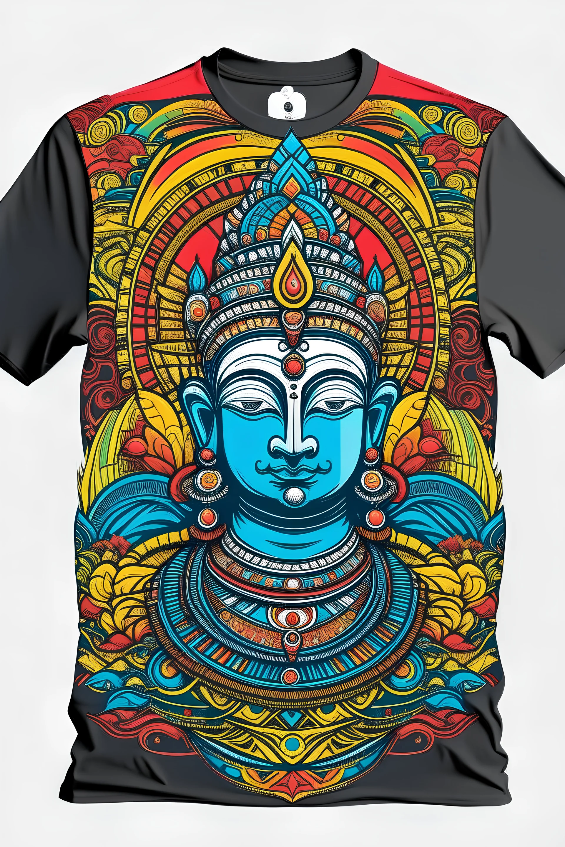 Arjuna, in aesthetic T-shirt design inspired by Indian culture. showcase the richness of colours and effects. the designs on the cloth needs to be embroidery of thick threads.