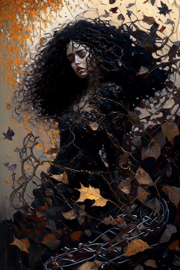 abstract creation of a beautiful girl with black curly hair, surrounded by black roses, thick metal chain broken, glass petals on the ground, autumn colours,dried out thorn bush, chaos,