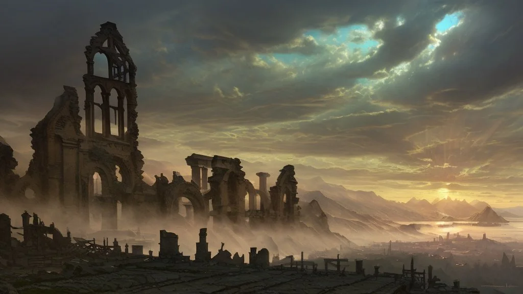 Destroyed City, medieval ruins, debris, stone, breched, brocken, Perspektiv from the sky, by Jean-Baptiste Monge, Ivan Bilibin, Albert Bierstadt, Reza Badrossama, watercolor ink, pencil sketch, splash art, intricate details, fantasy, beautiful, oil on canvas, award winning, imperial colours, fantastic view, radient colours, very attractive, crisp quality
