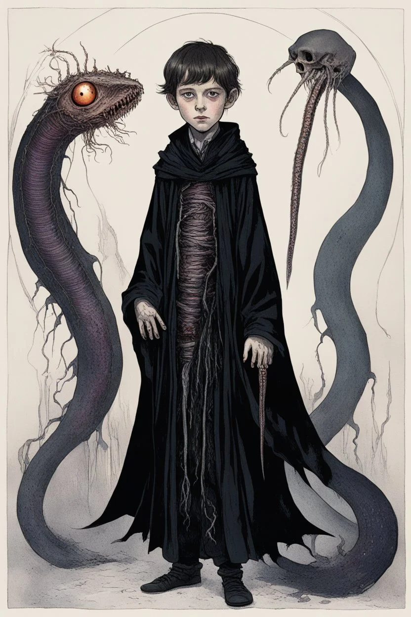 7 year old boy, necromancer, friendly, looks dead,with a long lamprey emerging from his belly , wearing black robes, in the style of Harry Clarke