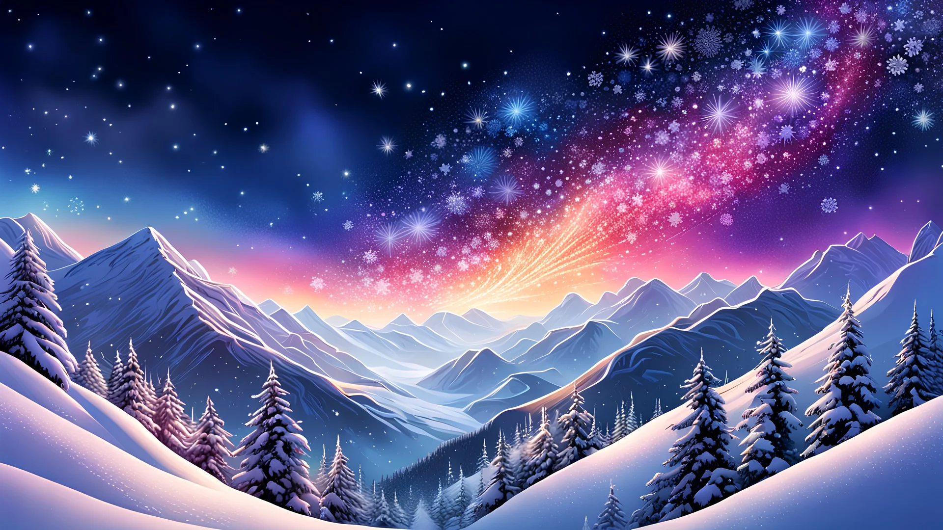 An amazing digital illustration of a starry sky filled with large, intricately detailed snowflakes, viewed from the top of a mountain, colorful, vibrant, swirling and sparkling, digital art, storybook illustration, a touch of photorealism.