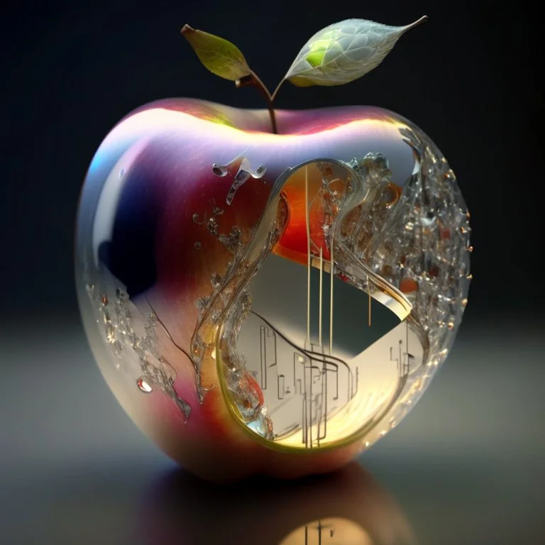 high quality, 8K Ultra HD, Musical notes and musical instrument shapes inside an apple made of crystal, by yukisakura, high detailed,