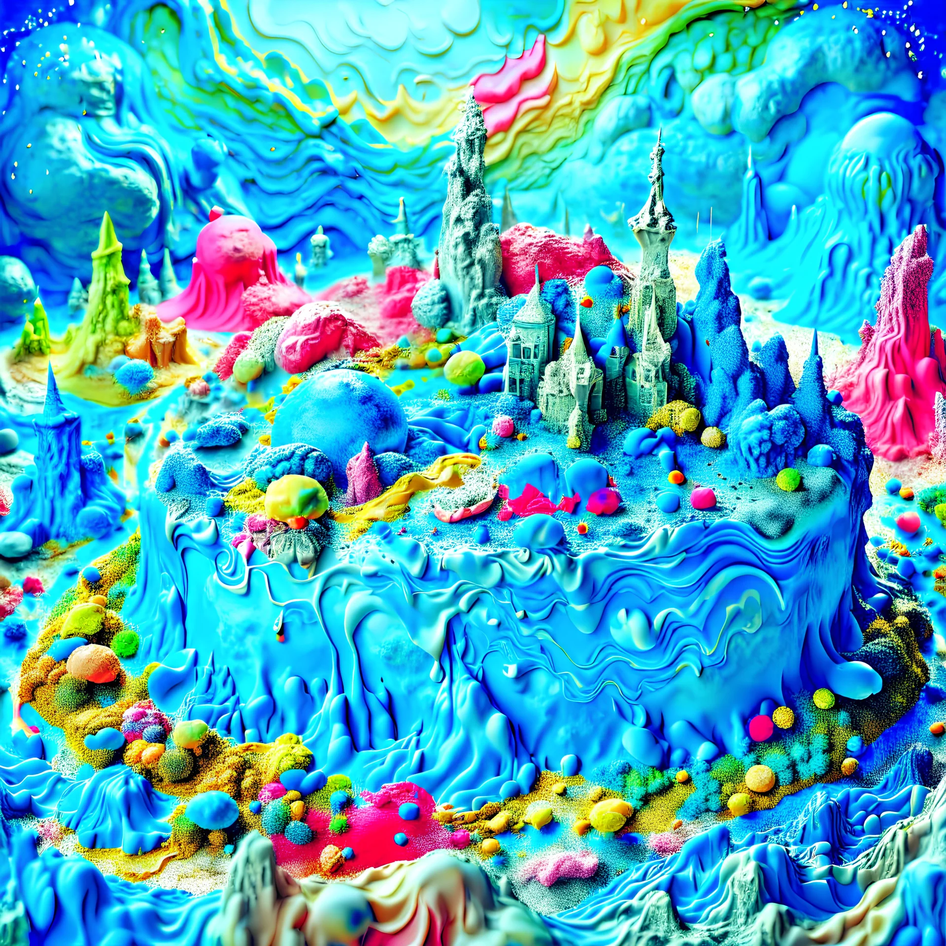 Detailed creepy landscape made of cake-frosting, city, sun, Amano, Roger Dean, strong texture, Ernst Haekel, extreme detail, intrcate, colours, Max Ernst, Sam Raimi, rich moody colours, sparkles, blue eyes, octane render, 55mm photography