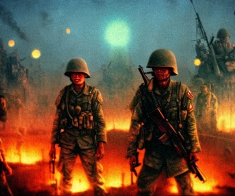 vietnam war. war. napalm. bokeh. lens flare. warm lights. high detailed. beksinski