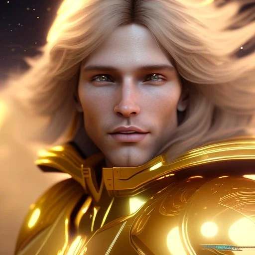 beautiful cosmic golden male, long hair, nice smiling, delicate colors, beautiful glamour galactic golden dress, ultra sharp focus, 8k, unreal engine 5, extremely sharp detail, light effect, soft light atmosphere of a spaceship, smooth, full of details, face in front, complete vision of face and body