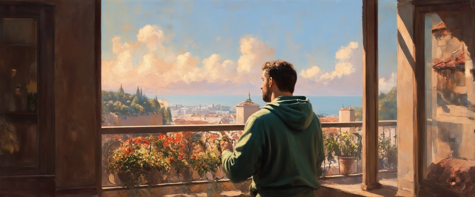 man in a hoodie is watching from the balcony painted by andrea del sarto
