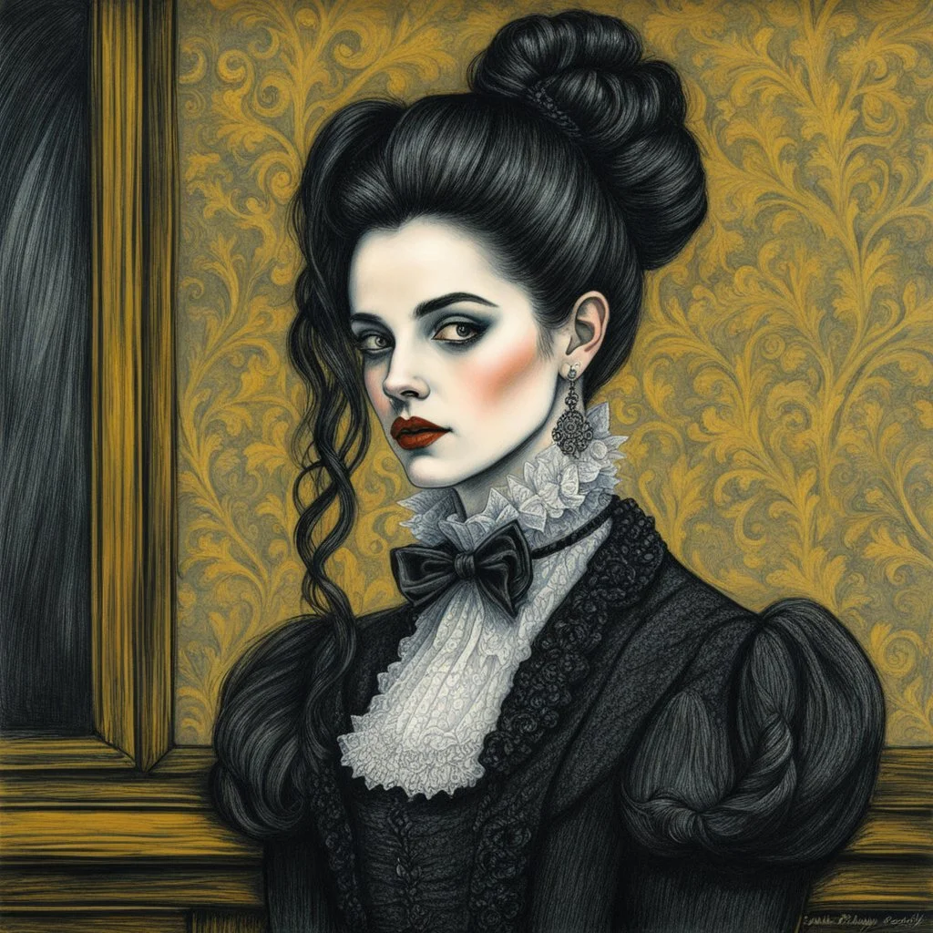 create a 3/4 profile, full body oil pastel of a dark haired, savage, ornately dressed, gothpunk vampire girl with highly detailed , sharply defined hair and facial features , in a smokey 19th century drawing room in the style of JEAN-FRANCOIS MILLET and MARY CASSATT, CHILDE HASSAM, and JOHN SINGER SARGENT