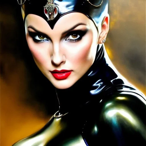 Drawing of beautiful face,'beautiful ,Busty CAtWoman',intense stare, ancient skintight armor, balanciaga fashion clothe painting by gaston bussiere, greg rutkowski, yoji shinkawa, yoshitaka amano, tsutomu nihei, donato giancola, tim hildebrandt, Oil on canvas, cinematic composition, extreme detail,fit full head inside picture,16k