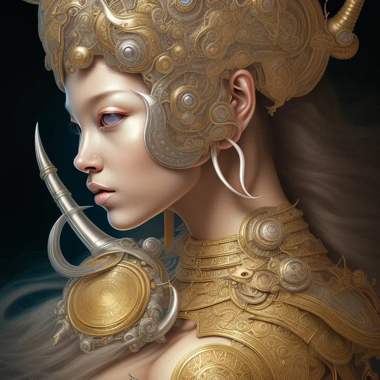 Sango fantasy, fantasy magic, intricate, sharp focus, illustration, highly detailed, digital painting, concept art, matte, art germ and Paul Lewin and Kehinde Wiley, masterpiece silver elephant head bronze Buddha Asian African girl nice breast Hawaiian hair turquoise golden waves