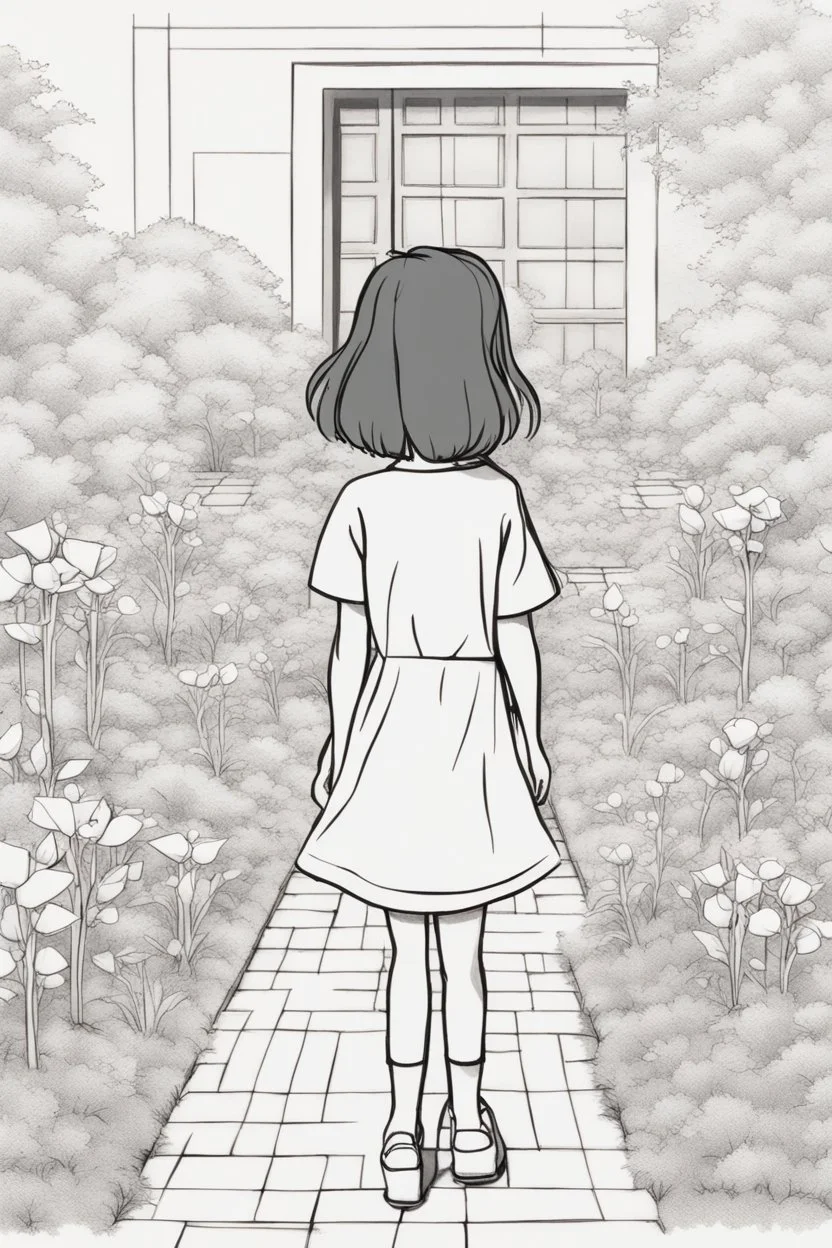 A little girl exploring a garden filled with square-shaped flowers and bushes. Incorporate squares for flower petals, windows, and garden pathways.,very happy , Colloring page for todlliers ; basic hawali style cartoon , black and white , ink outlines , , smooth , anime style , minimalist , cute eyes , full body , white shose , sketchbook , realistic sketch , free lines , on paper , character sheet , clean line art high detailed