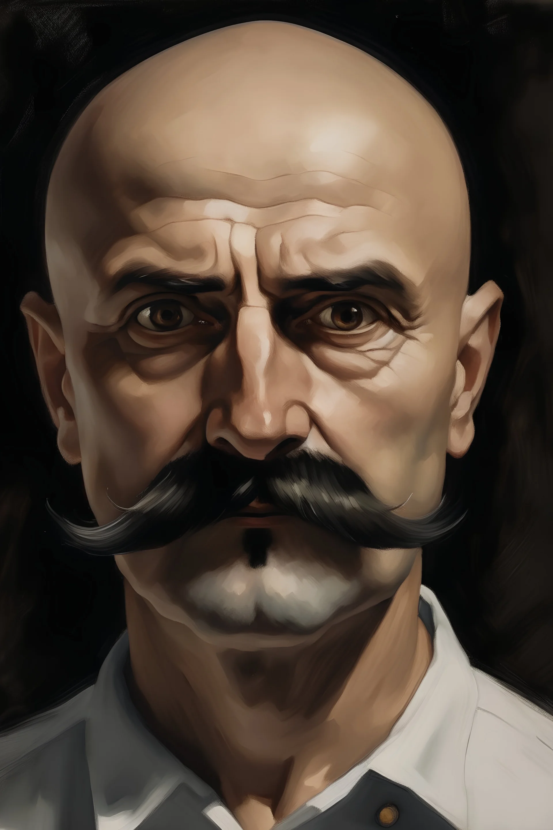 Cat's eyes. Oil portrait style. Dark palette. Waist-high. A man of 40 years old. Bald. Huge black mustache. White shirt