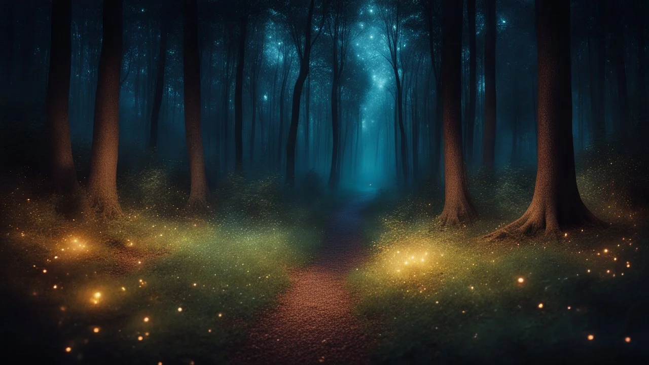 dream world, vast enormous warm forest, fireflies, tiny multicoloured twinkling lights, calm beauty, fantasy world, magic, night, darkness, splendor, uplifting, inspiring, therapeutic, chiaroscuro, color, award-winning colour photograph, beautiful composition, Nikon 35mm