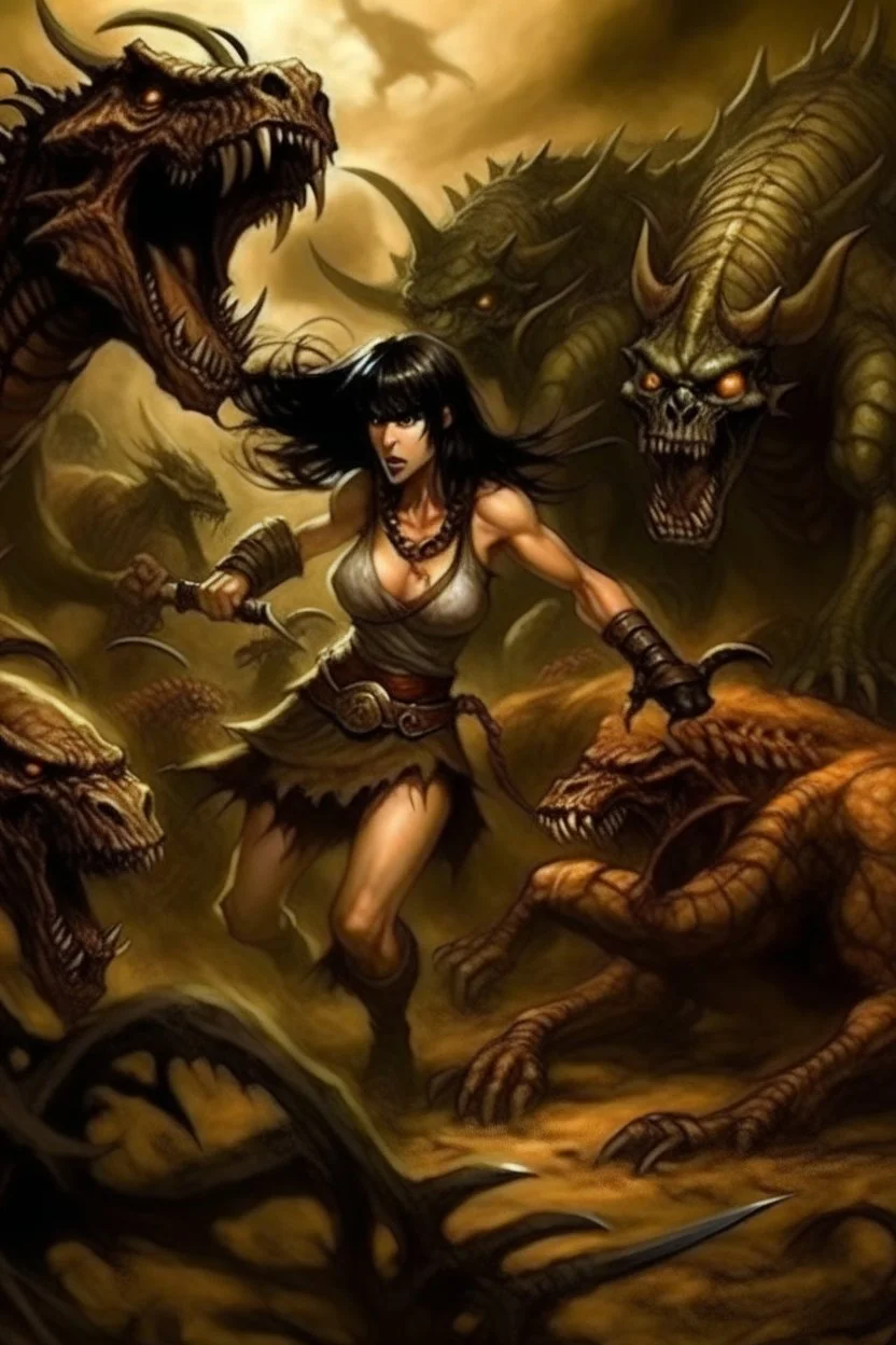 Eerie Scene, A detailed illustration of incredible beautiful Xena from 'Xena: Warrior Princess' looking terrified as she runs away from menacing muttations monsters., Eerie horror