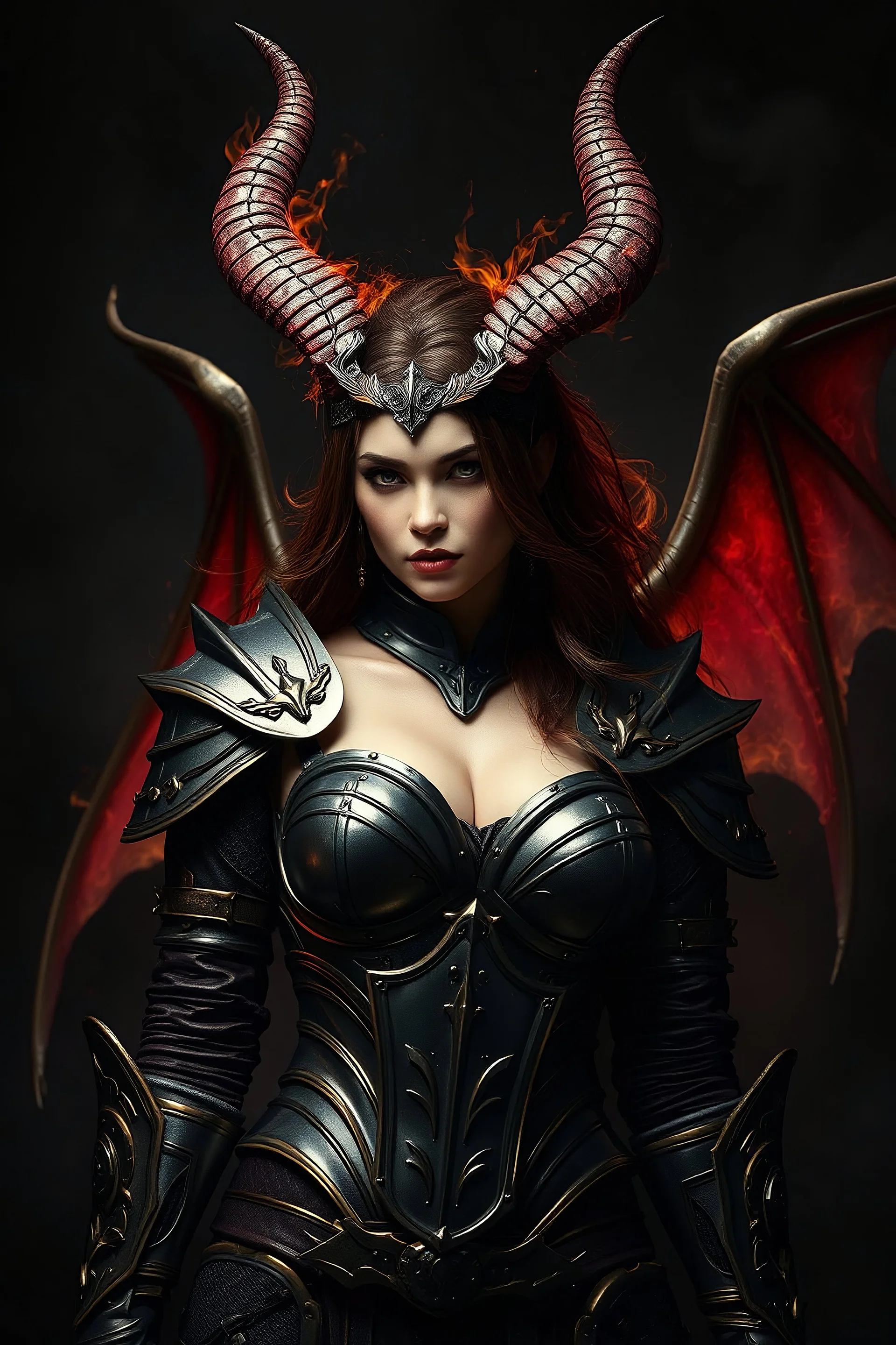 enchanting succubus, armor, dark background with illuminated smoke, black leather and metal