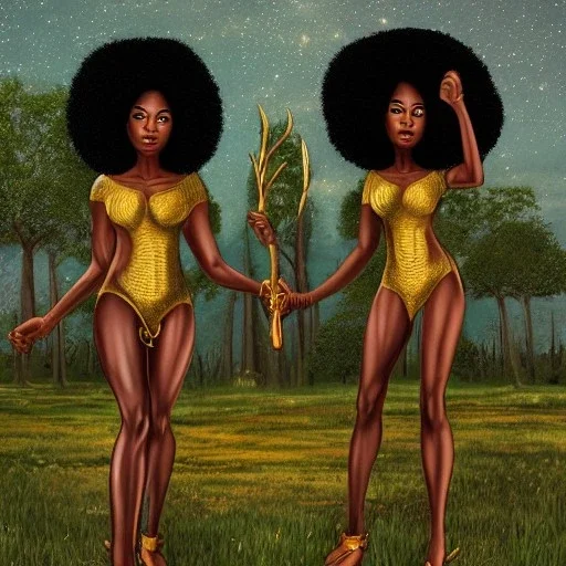 Biologically Female African American Twins, black skin, tall and slender, long afro kinky hair,big brown eyes, long eyelashes warrior wear. Big butts. Gold accents on clothing. Surround by trees. Holding golden spears. Starry night