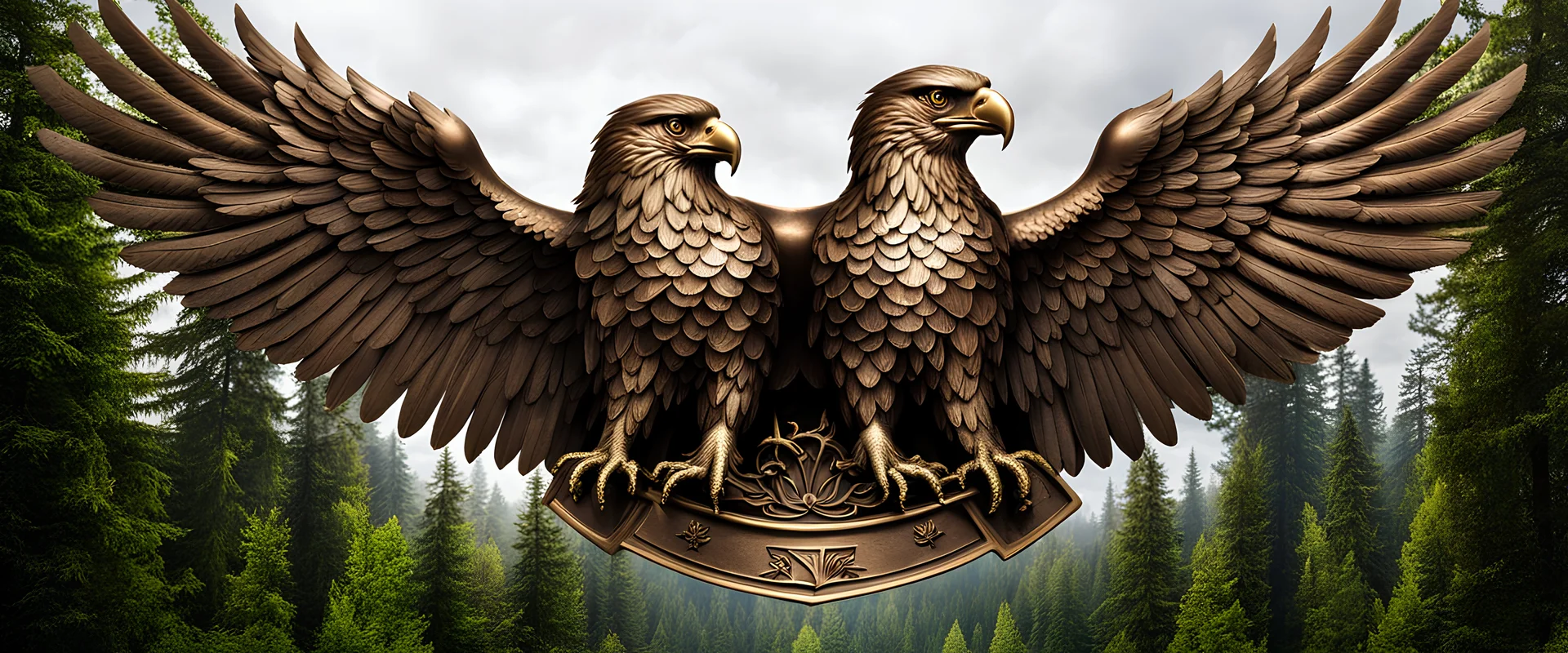 Bronze emblem double-headed eagle symmetrical and positioned on a single neck, Each head looks in different directions, one head facing left and the other right, wings of the eagle are spread wide, bronze shield, forest background