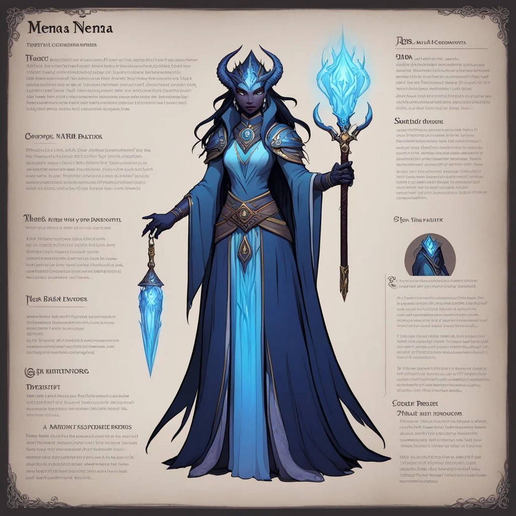 monster concept sheet with AD&D statistics and characteristics: The Great Nema, a revered figure in the realm of the Ruxa Koros, embodies ethereal beauty and commanding presence. With eyes of deep wisdom and robes that shift like magic, she exudes authority. Her magical prowess is reflected in her intricate attire, and her hair cascades like midnight. A being of mystery and power, her presence commands respect. In the Fiend Folio, The Great Nema is a Level 20 Sorcerer with proficiency in ancient