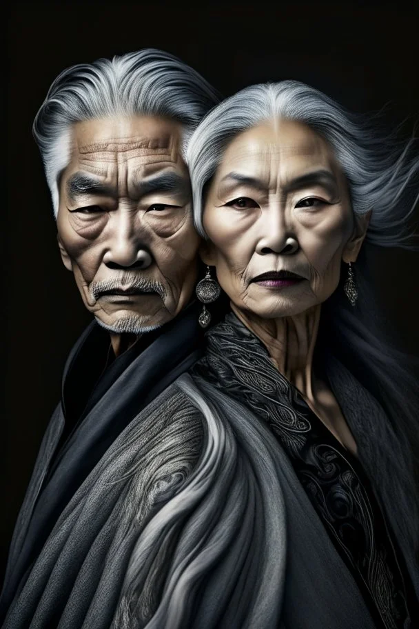 a photo of an Asian man and woman with ethnic jewelry, grey hair and grey flowing robe, in style of Annie Leibovitz, contemporary portrait of a mature yet beautiful and modernist, black and grey, detailed face, swirling fluid smokey enigma, award-winning artwork