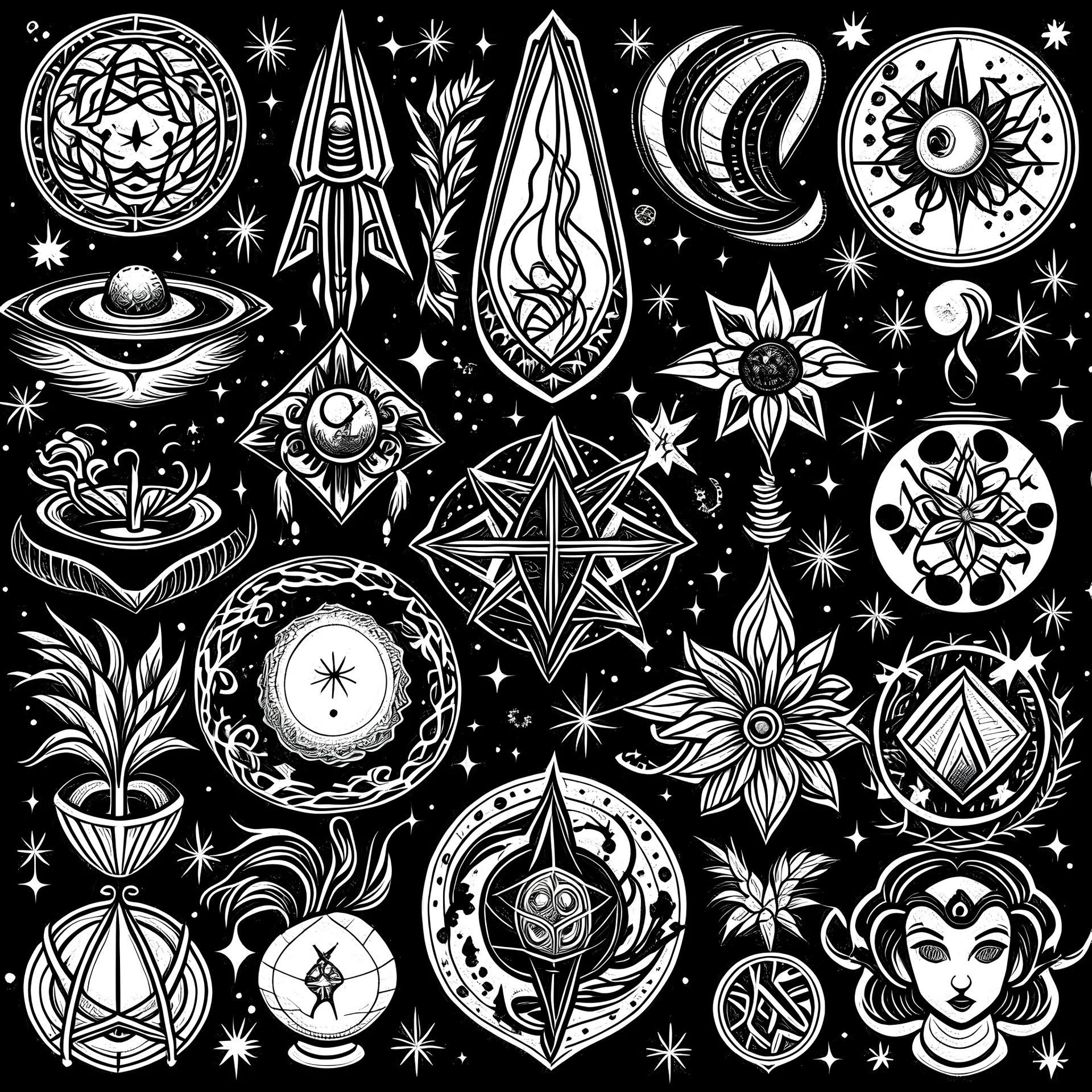 Set of black and white engraved symbols with planets, crystals, stars, ornamental and mystical