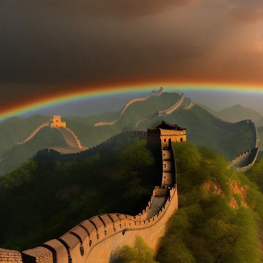 The Great Wall of China, sunset rainbow, waterfall