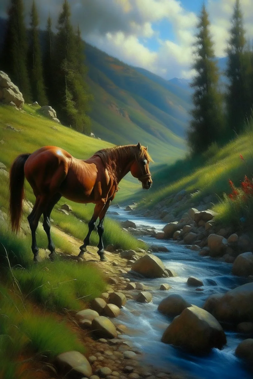 walking in mountains by stream, horse that looks like caterpillar, prize winning oil painting,book cover illustration