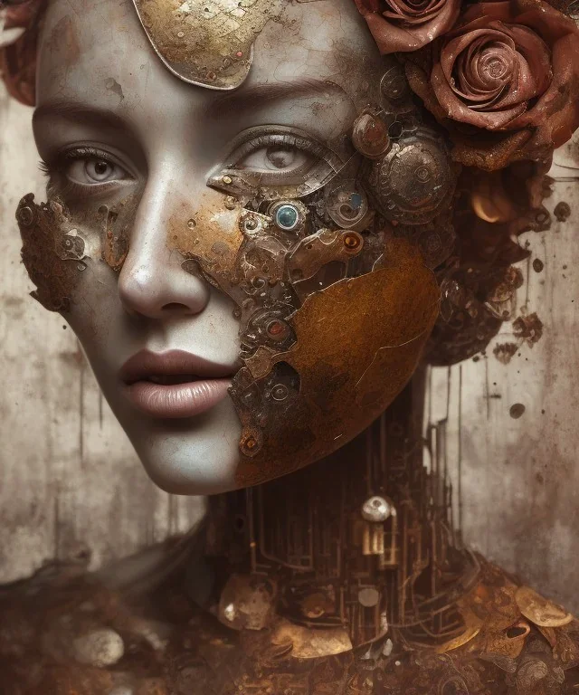 an abstract painting of rusted metal and flowers, portrait, rust, scaffolding, iron cladding, decay, mixed media, textured, anatomically correct, beautiful perfect face, sharp focus, highly detailed