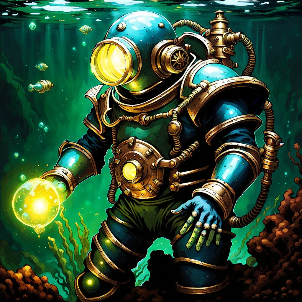 90's tcg art crystal steampunk ghost diver with glowing armor and huge pauldrons fantasy glowing helmet underwater