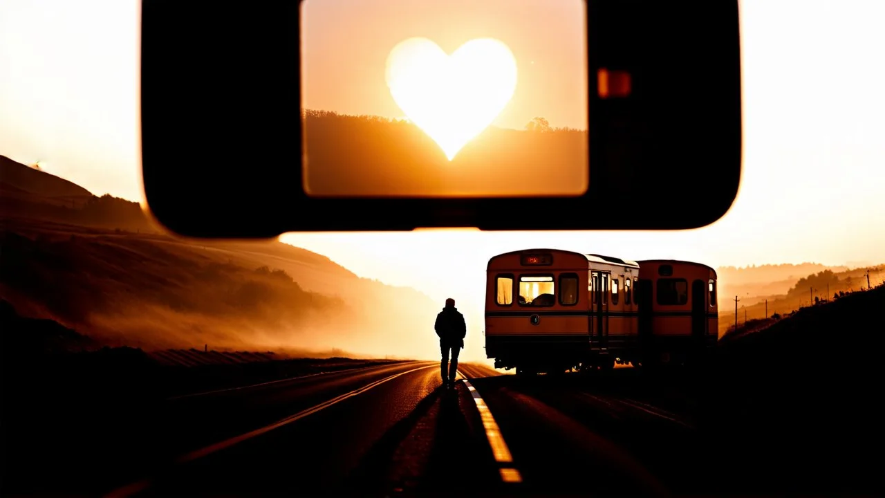 A modern cinematic video about heartbreak and separation. A lone person stands on an empty road at sunset while a train or caravan disappears into the distance. The scene is emotionally powerful, realistic, and visually elegant. Show modern symbolic imagery: reflections in glass, a phone screen lighting up with an unanswered message, a floating dust cloud, a broken mirror, and a silhouette walking away through soft fog. Use dramatic camera movement, shallow depth of field, emotional close-ups,