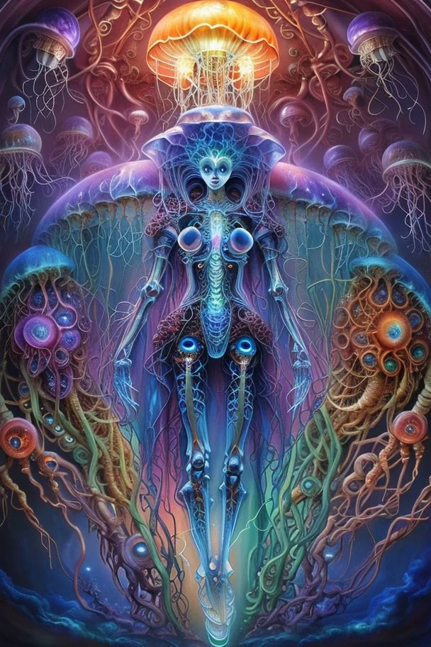 beautiful .bones. A jellyfish Cosmic robot developed .Fantasy, perfect anatomy, Coral trees, alien fruits ..fantasy, vibrant digital art professional award winning masterpiece, oil on canvas Atmospheric extremely detailed Josephine Wall