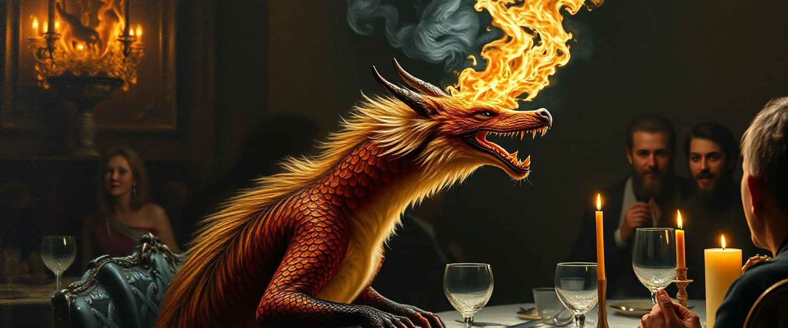 portrait painted by Rembrandt, stupid looking fire breathing dragon fox at banquet