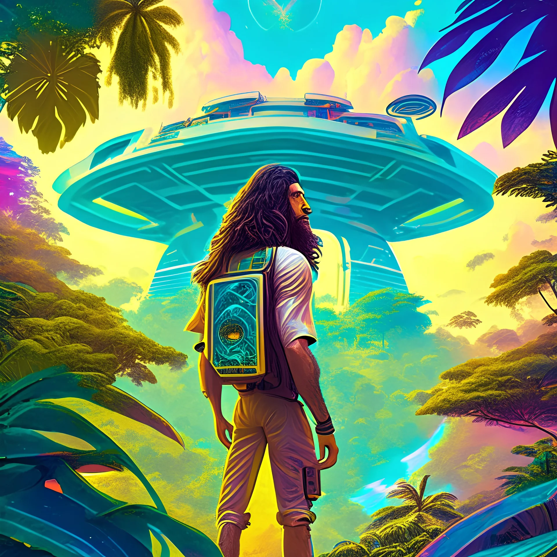 A high tech solarpunk utopia in the Amazon rainforest. Technology and nature mixed together, a long haired guy using flip flops at the center posing from the back on the image looking at colorful sky, cinematic. 3d render, science fiction, retro cover, high details, intricate details, by vincent di fate, artgerm julie bell beeple, 60s, inking, vintage 60s print, screen print.