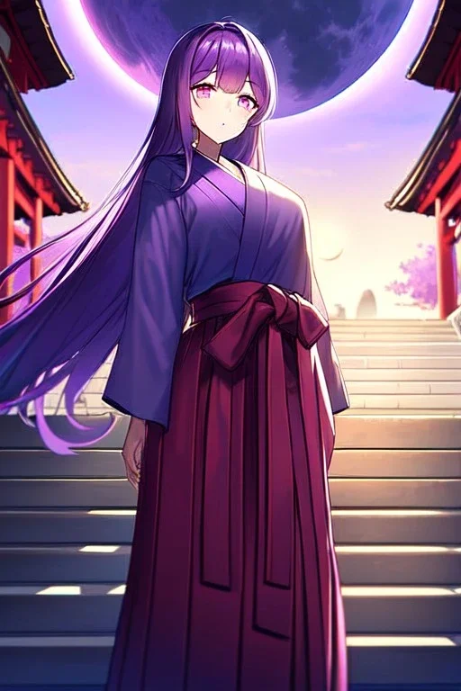 girl, masterpiece, best quality, cinematic lighting, detailed outfit, vibrant colors, perfect eyes, purple hair, pink eyes, long hair, looking down, hakama, shrine, moon, stairs,