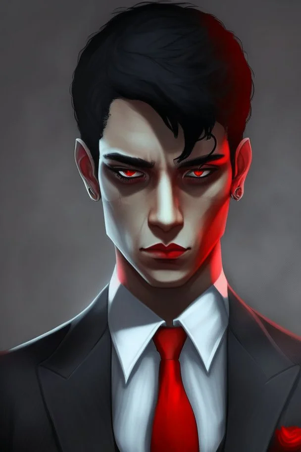 Realistic, red eyes, light skin, short black hair, red earring, suit and tie clothing, gloves on hand