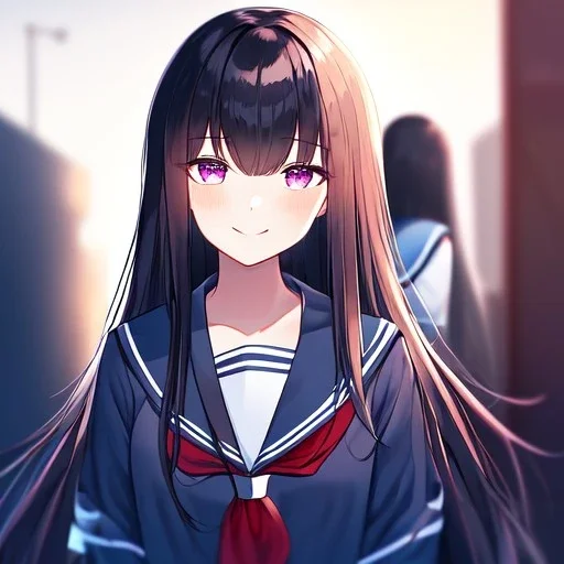 Clear focus,High resolution, Black long straight hair, Long bangs, and purple eyes, Looking down on you, wearing a sailor uniform that is black and red, Detailed hair,Bloody, Smiling, Blurry eyes, Undetailed eyes