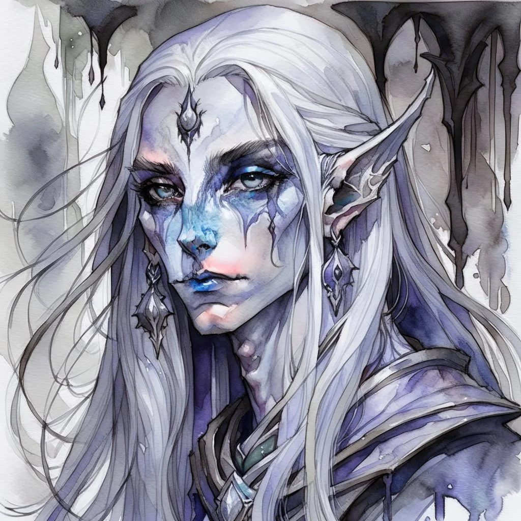 dnd, fantasy, watercolour, large strokes, stylistic, portrait, illustration, dull colours, woman, dark elf, drow, face, narrow long face, cruel face, cold demeanor, purple eyes, piercing eyes, vicious expression, white hair, very long hair streaming down the shoulders, lush hair, elegant, short small mouth, cruel smile