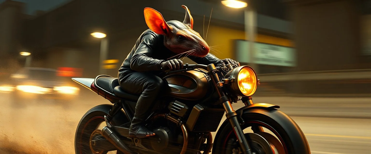 master oil painting by Rembrandt, good afternoon bitch scary hot seductive bug rat chess piece riding sports bike with motion blur and smeared lights in the night, stylistic poster, in the style of total recall, huge bug rat in the background