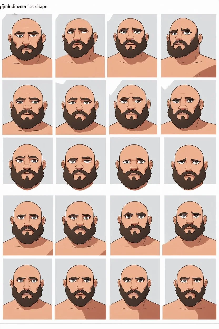 Create an image based on this text: Unifying the character to remain consistent in all angles and expressions while maintaining the facial features as seen in the pictures: 1. Fixed facial dimensions: Face shape: The face is round with a strong jaw and a medium beard, slightly chubby. These essential features should remain consistent in all angles. Eyes, nose, and mouth: The large eyes and wide nose should maintain their relative position in all expressions, as shown in the pictures. The mout