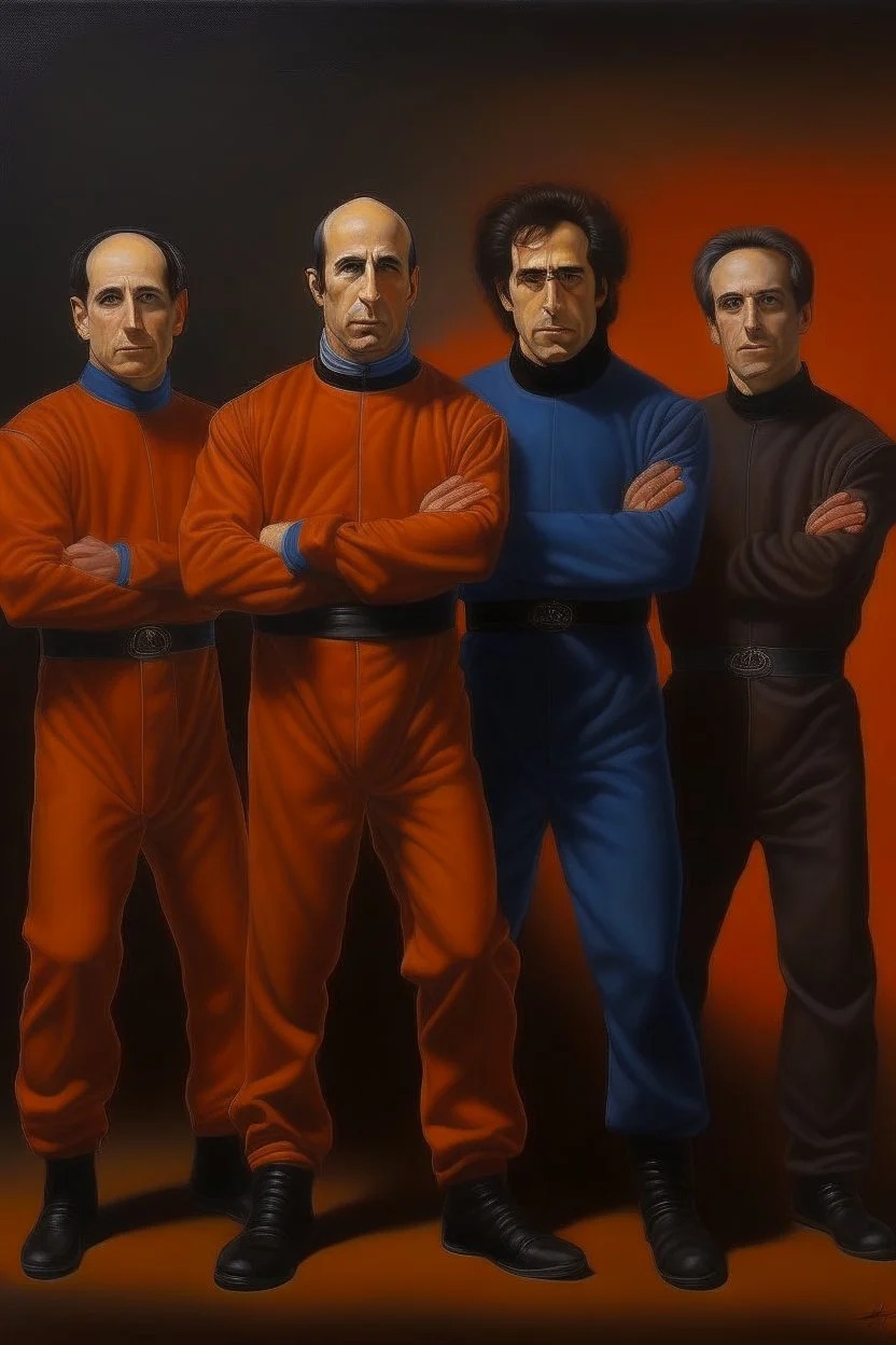 1970's dark fantasy cover dnd style oil painting of seinfeld in sport outfits with minimalist far perspective.