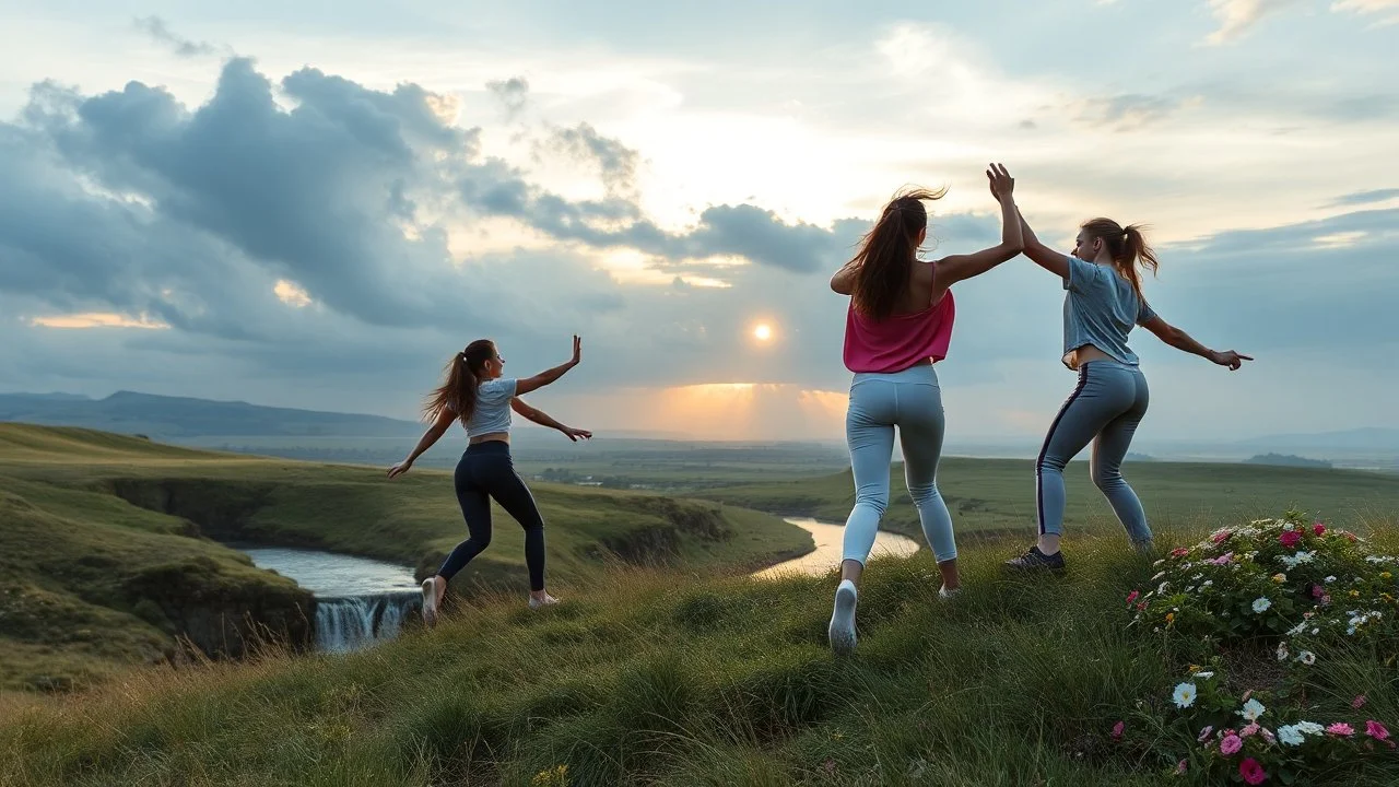 a group of young ladies in sports pants and blouse are dancing in high grassy hills,a small fall and river and flowers at river sides,cloudy sun set sky