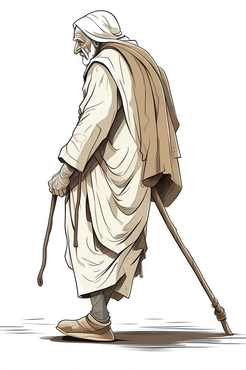 "Draw an old person wearing old traditional Arab clothes, hunched back, and walking with a cane."