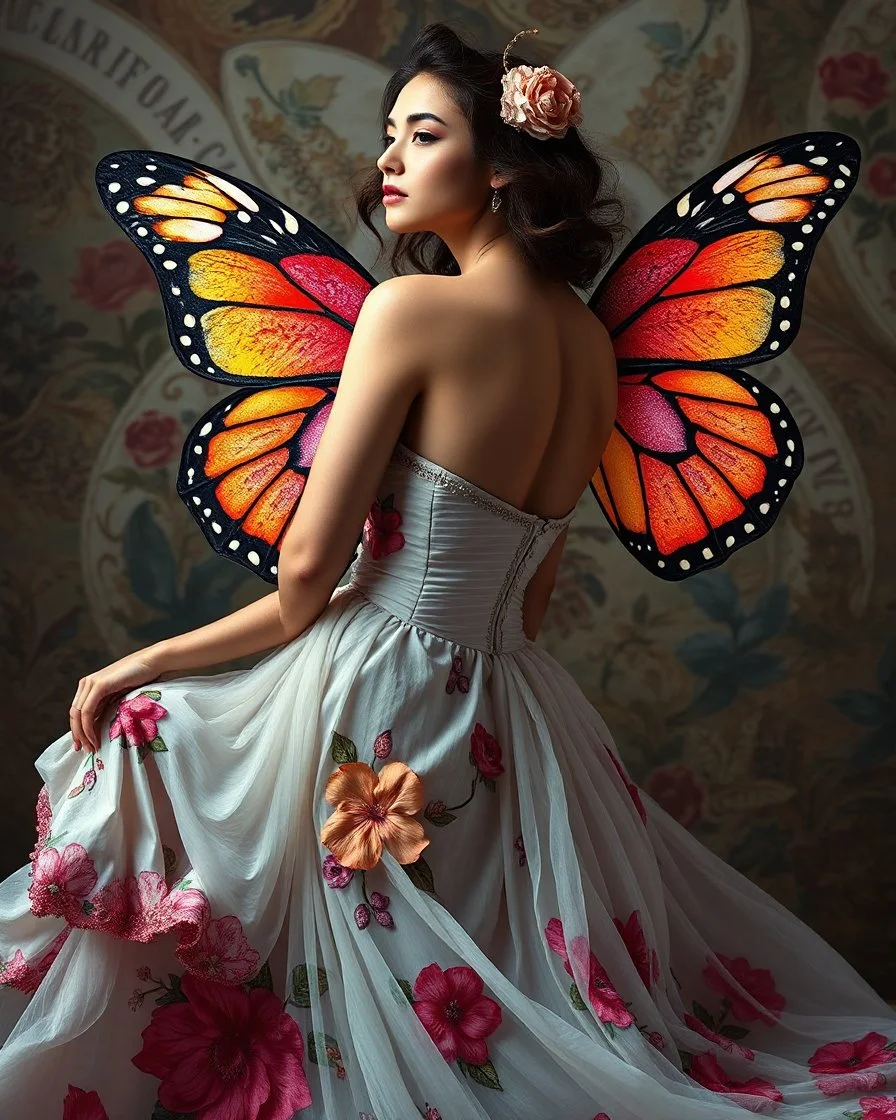 gorgeous photograph full body super model European beautiful woman,dressing gown lady butterfly colorful art conceptual, amazing artwork, hyper detailed, ultra maximalist quality, 12k