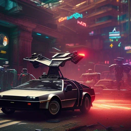 cyberpunk army DeLorean,cyberpunk 2077,center composition, ultra realistic,shiny, smooth, studio quality, octane render, Surrealism, Triadic colour scheme,glow-stick, god rays, ambient lighting,nightclub lighting, polaroid, 100mm, --ar 1:1 --v4