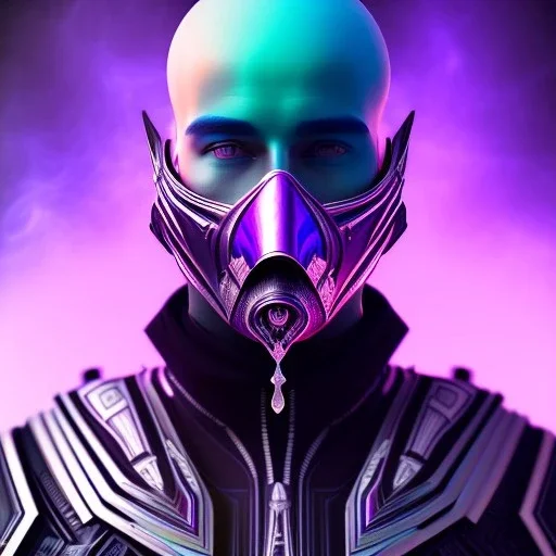 purple galaxy masked villain, futuristic, teal and purple smoke, full portrait, hyper realistic, 4k